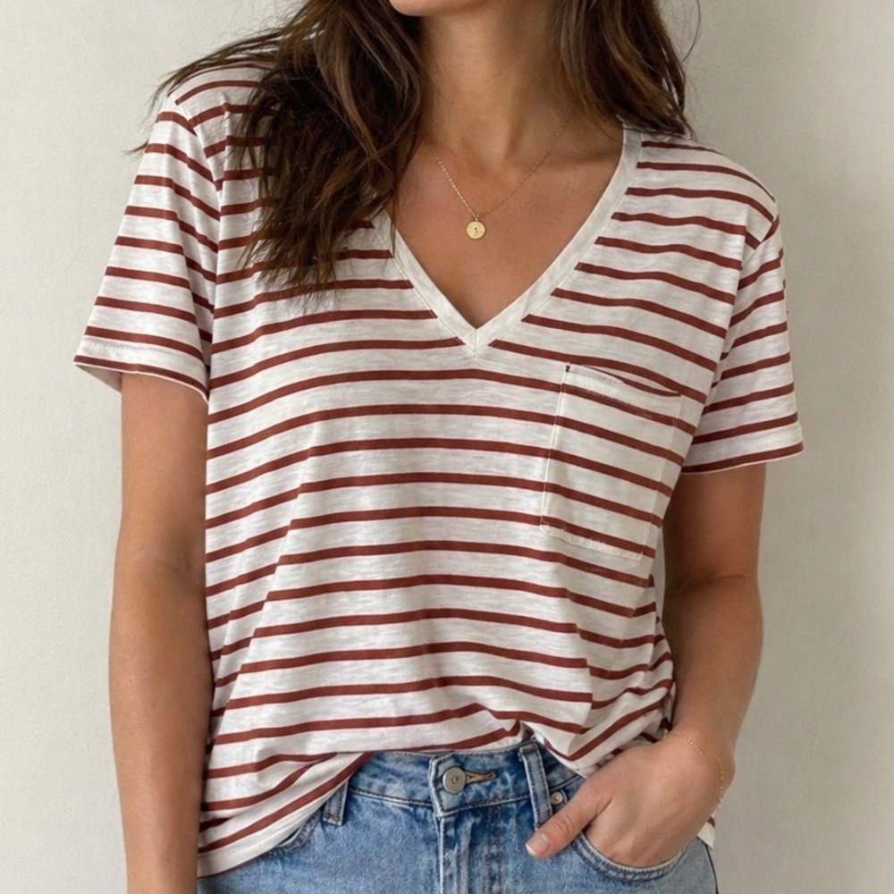 Madewell Whisper Cotton V-Neck Pocket Tee Striped White Rust Brown Size L